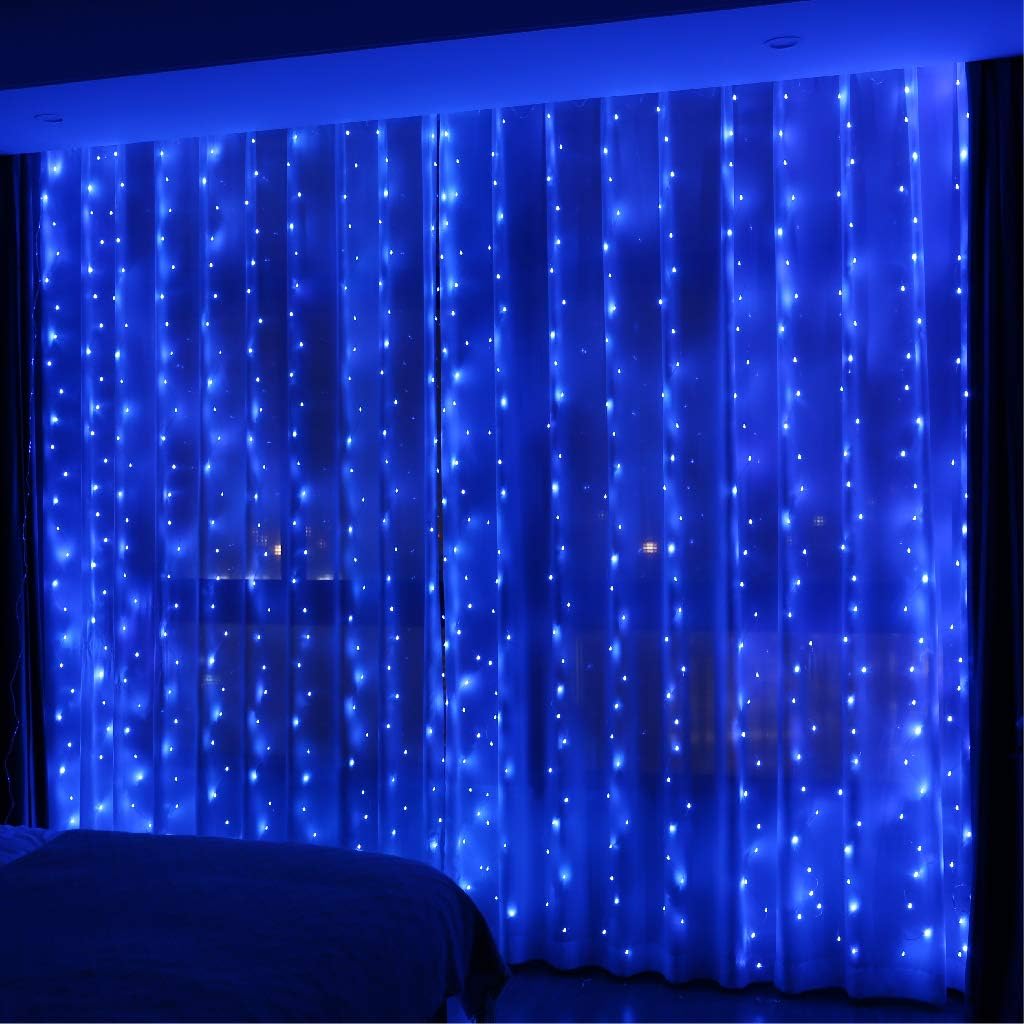 HXWEIYE 300LED Blue Fairy Curtain Lights with Remote 8 Modes Timer for Bedroom, 9.8x9.8Ft USB Plug