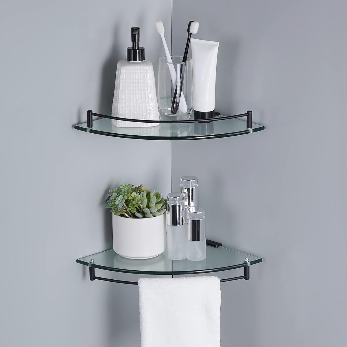 KES Bathroom Glass Corner Shelf Tempered Glass Shelf with Rail Wall Mount Corner Shelf SUS 304