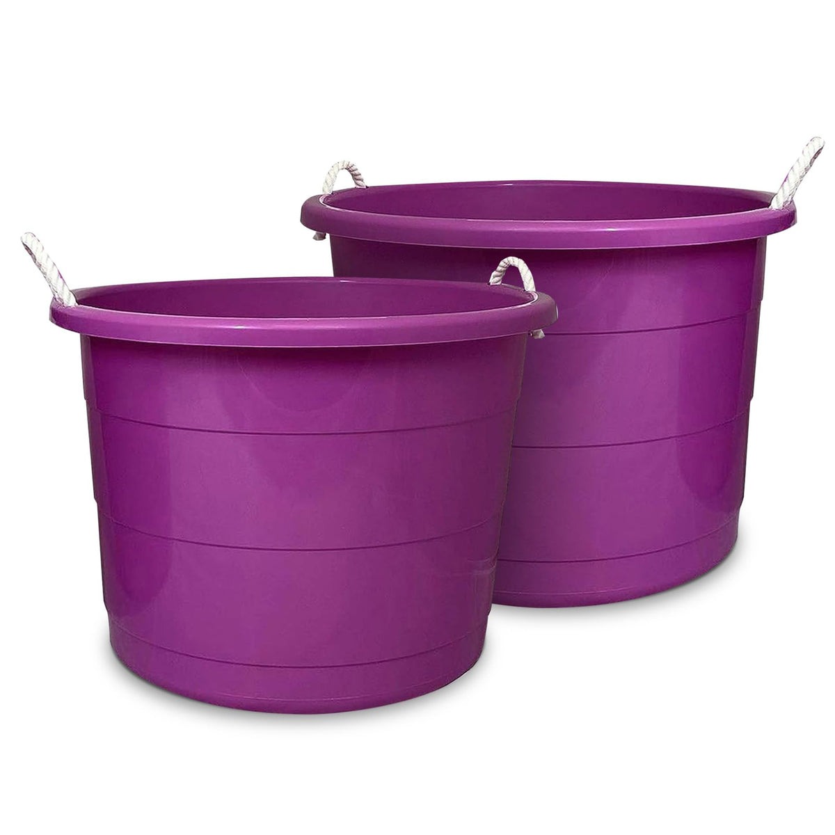 HOMZ 2-Pack Utility Tub, Large Plastic Storage Bucket with Rope Handles, 17 Gallon, Purple