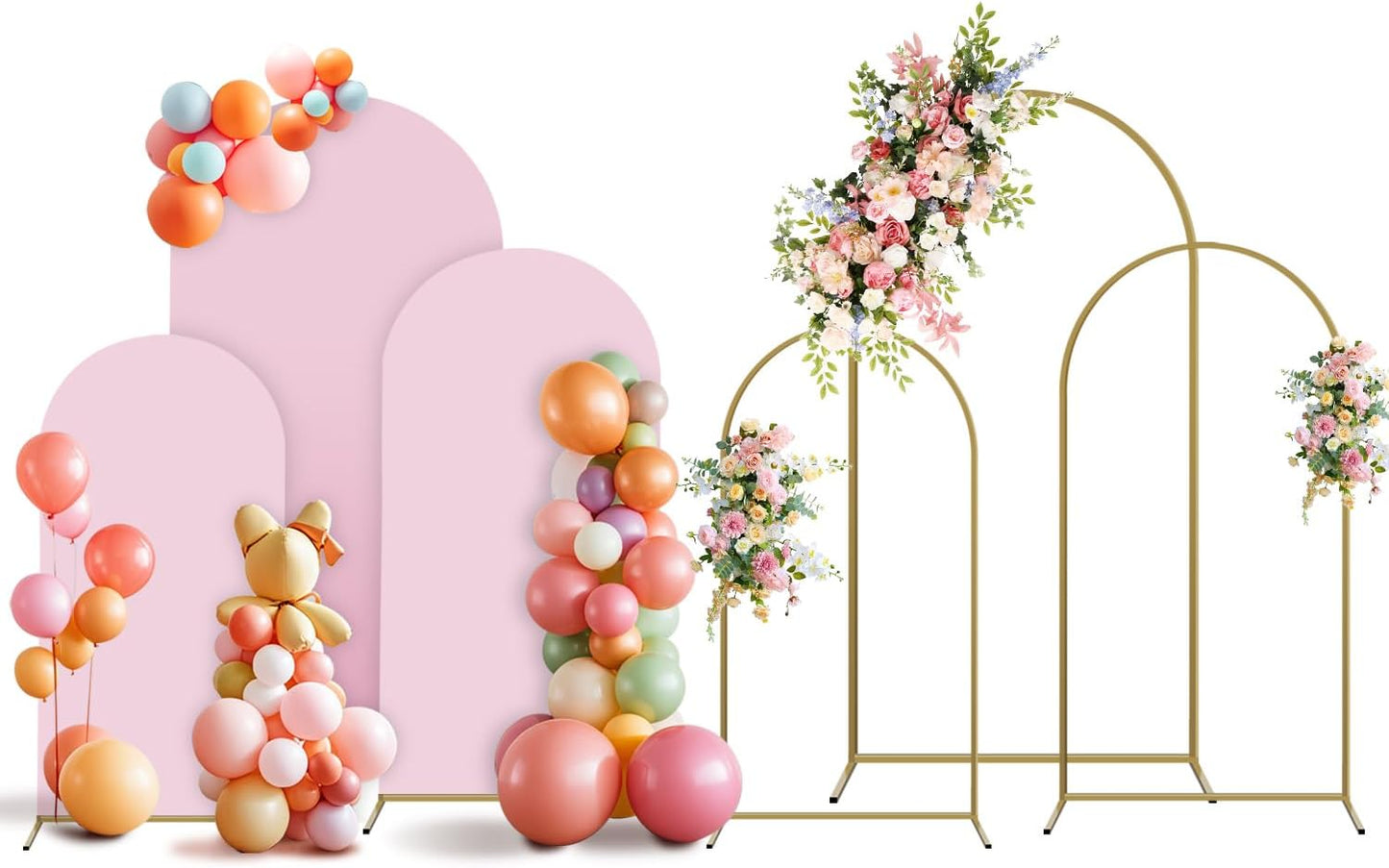 Arch Backdrop Stand and Cover Set, 3 Metal Balloon Arch Backdrop 4ft 5ft 6ft, Gold Arched Stand