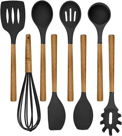 Country Kitchen Non Stick Silicone Utensil Set with Rounded Wood Handles for Cooking and Baking, 8