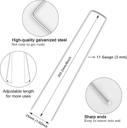 FEED GARDEN 8 Inch 100 Pack Galvanized Landscape Staples 11 Gauge Anti-Rust Garden Stakes