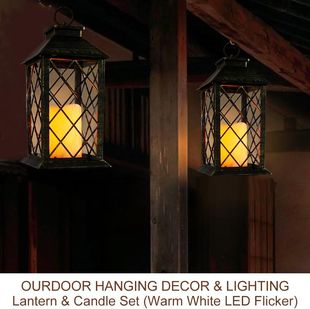 Bright Zeal 2-Pack 13.5" Vintage Candle Lantern with LED Candle (Distressed Gold, 6hr Timer) - IP44