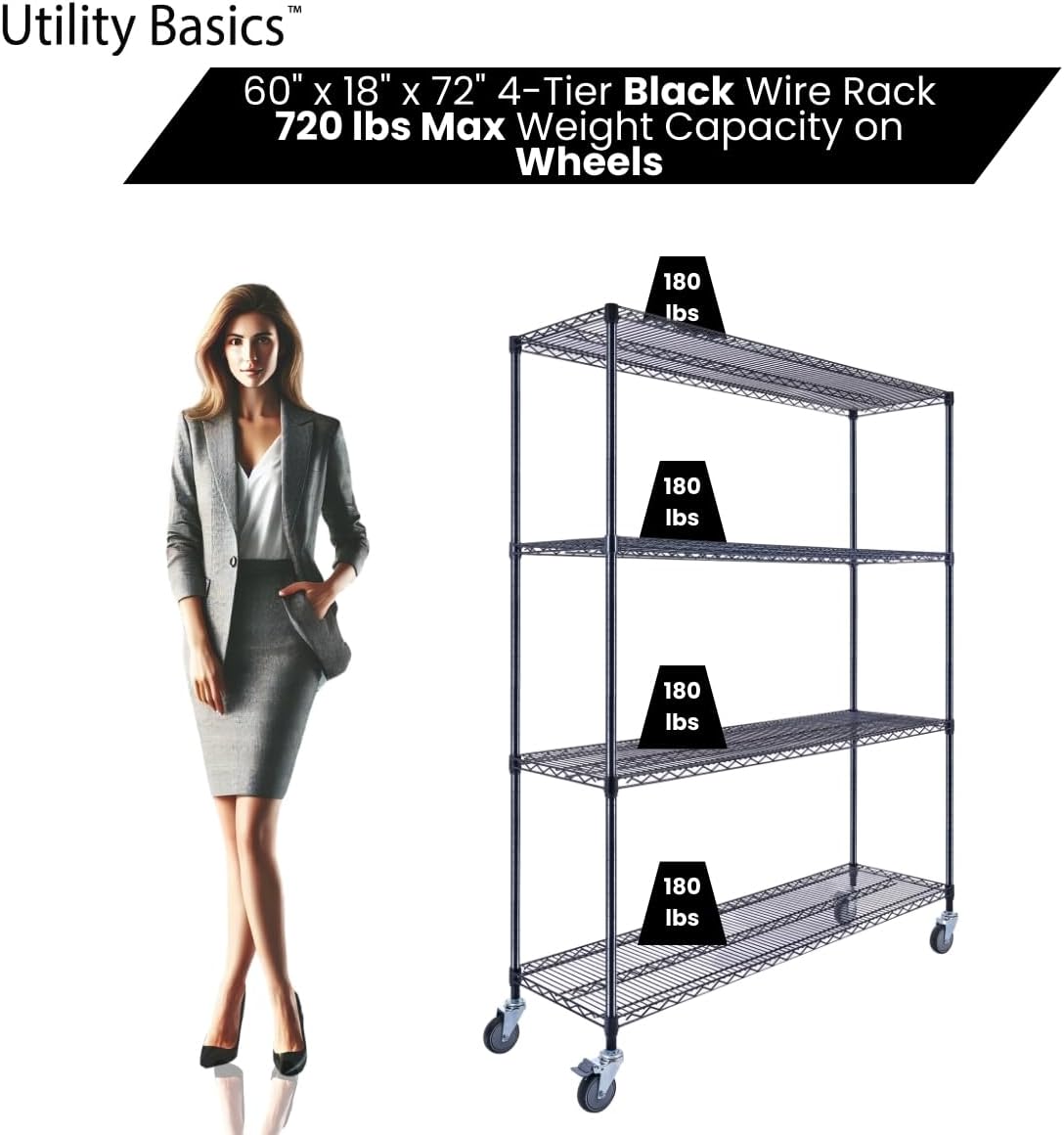 60"x18"x72" Black Premium Metal Steel Wire Shelving 4-Tier NSF 3200 LBS MAX Capacity Heavy Duty