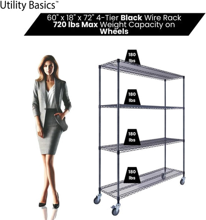60"x18"x72" Black Premium Metal Steel Wire Shelving 4-Tier NSF 3200 LBS MAX Capacity Heavy Duty