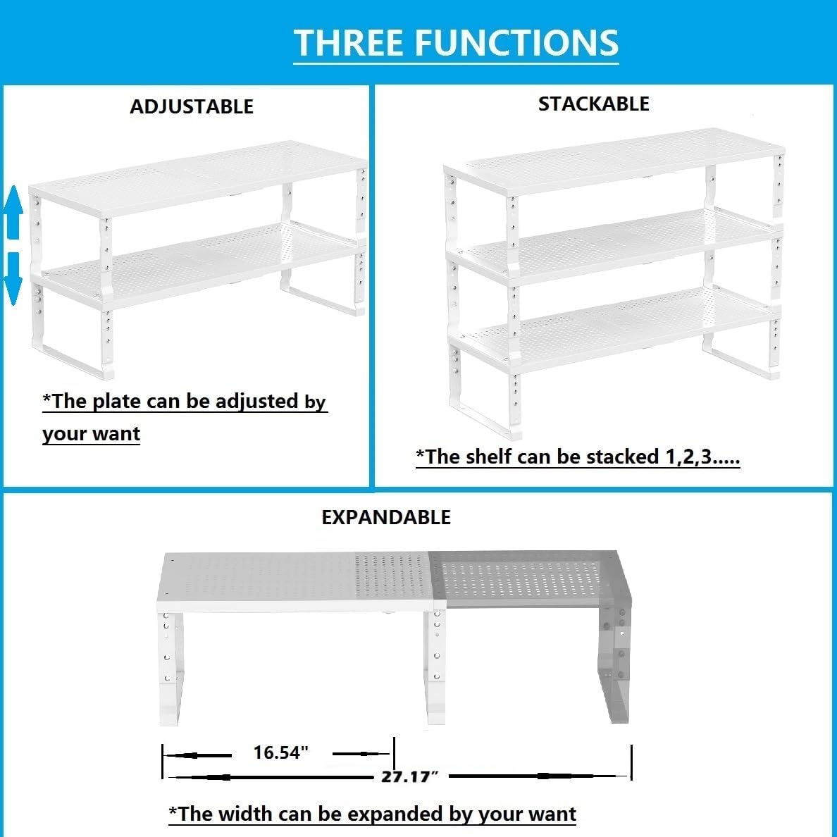 Expandable,Adjustable & Stackable Spice Rack, Cabinet Kitchen Countertop Shelf Organizer,Metal