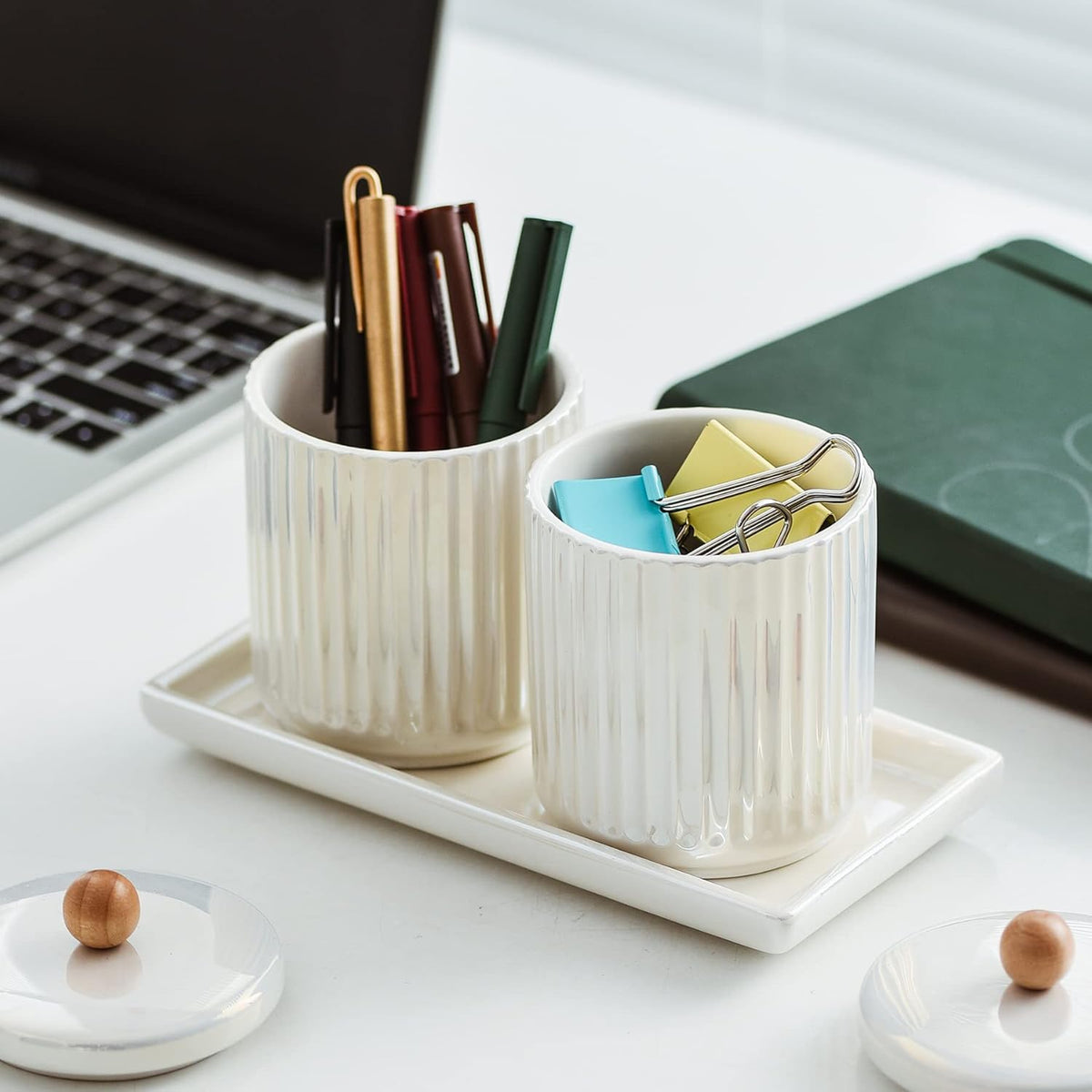 Ceramic Bathroom Canister Set with Coordinating Small Vanity Tray Qtip Holder Dispenser for Cotton