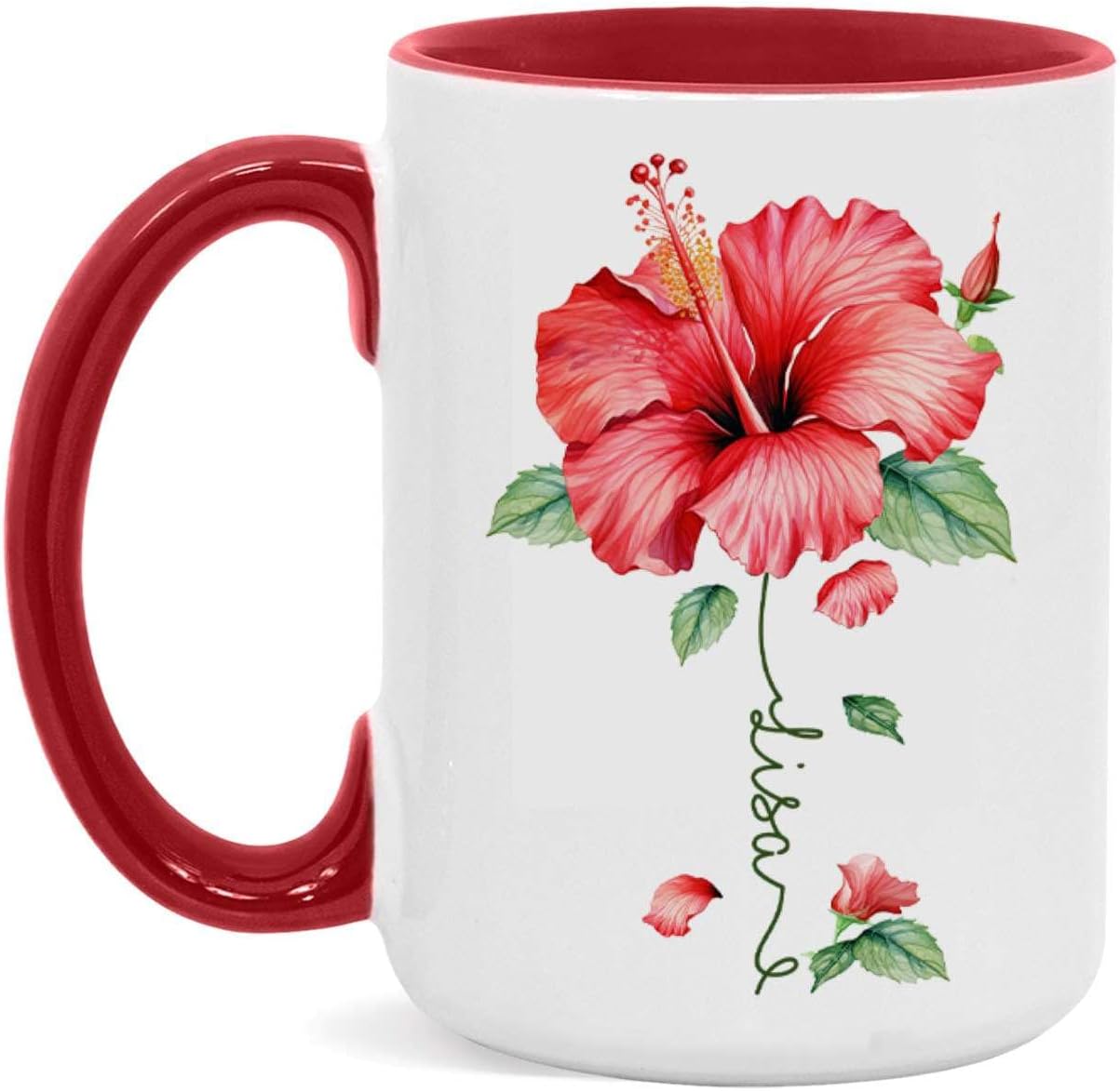 Personalized Hibiscus Blossom Design Mug, Custom Name Vibrant Flower Coffee Cup, Customized Mug For
