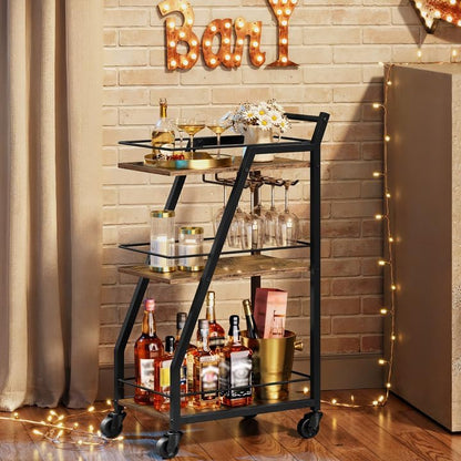 Bar Cart, 3-Tier Bar Cart for The Home, Home Bar Serving Cart with Glass Holders, Beverage Cart for