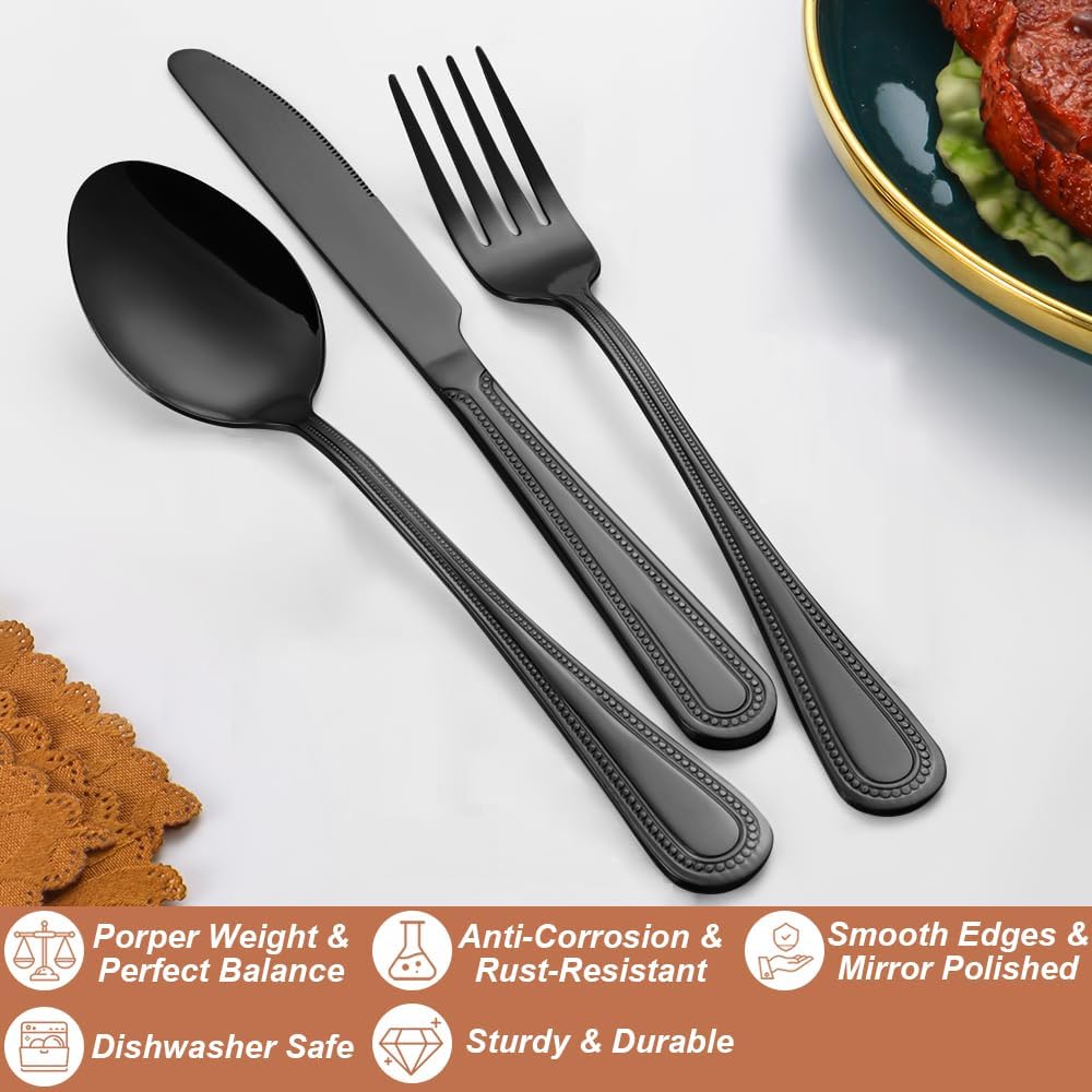 40 Pcs Black Silverware Set for 8 with Pearled Edge Handle design, Food Grade Stainless Steel