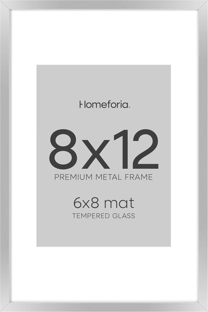 Homeforia Silver 8x12 Picture Frame, High End Metal 8 x 12 Poster Frames with Mat 6 by 8 for Photo