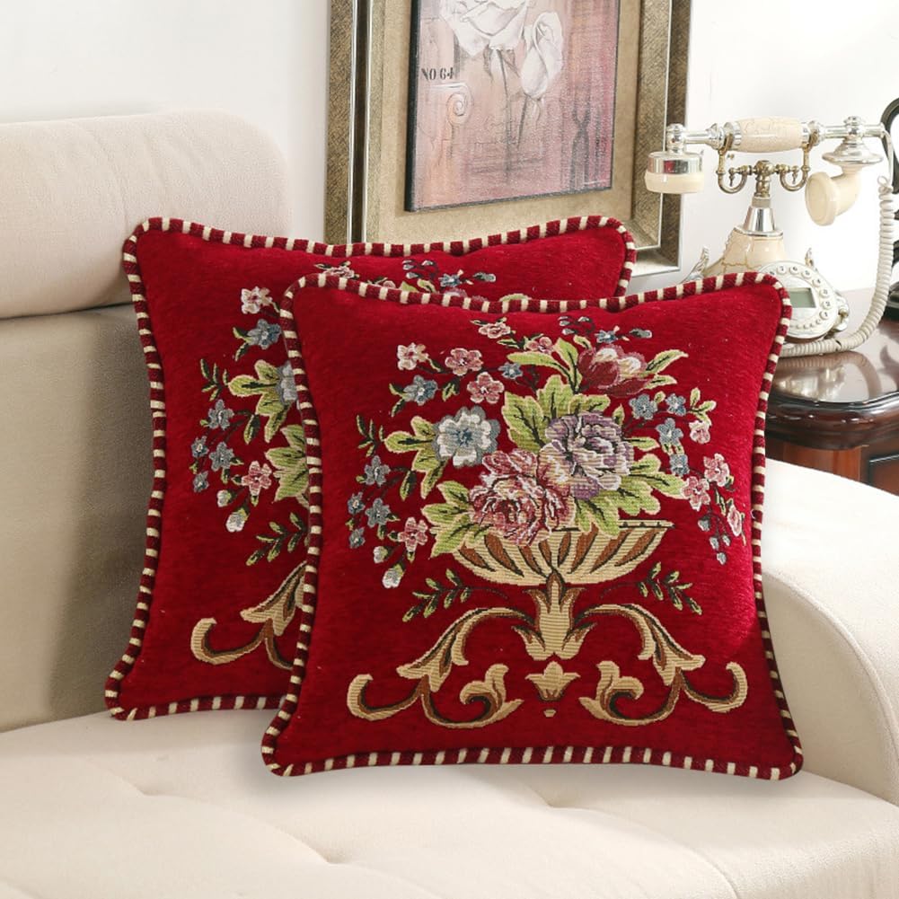 Set of 2 Red Vintage Embroidered Throw Pillows Covers 18x18in Sofa Couch,Red Floral Embroidered