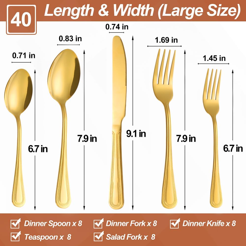 40 Pcs Gold Silverware Set for 8 with Pearled Edge Handle design, Food Grade Stainless Steel