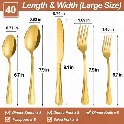 40 Pcs Gold Silverware Set for 8 with Pearled Edge Handle design, Food Grade Stainless Steel