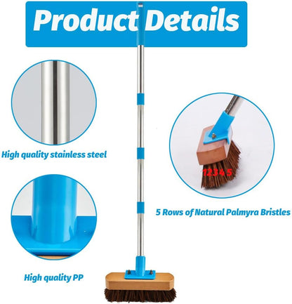 Heavy Duty Deck Brush with Long Handle - 60" Floor Scrub Brush with Stiff Natural Palmyra Bristles
