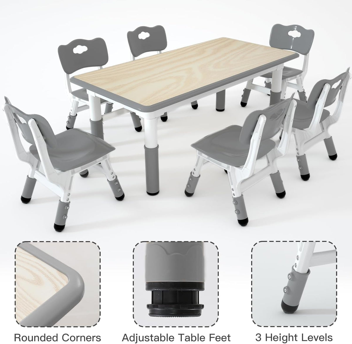 Kids Study Table and 6 Chairs Set,Height Adjustable Table and Chairs for Children and