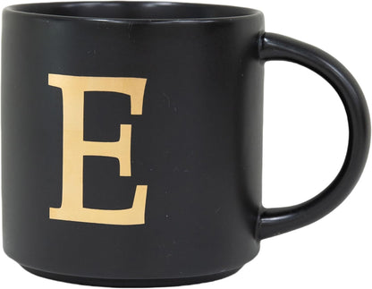 COLLECTIVE HOME - Monogram Ceramic Mugs, 15 oz Golden Initial Black Coffee Cups, Elegant Alphabet