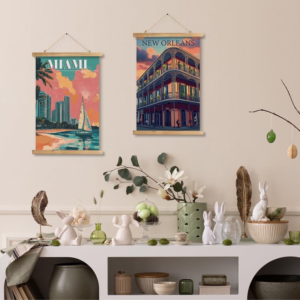 WREVERW Vintage Miami Poster Canvas Print with Wooden Hanger Frame, Featuring Palm Trees, High-Rise