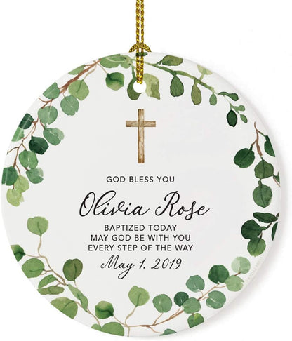 Andaz Press Personalized Round Ceramic Porcelain Christmas Ornament Gift, God Bless You Olivia Rose