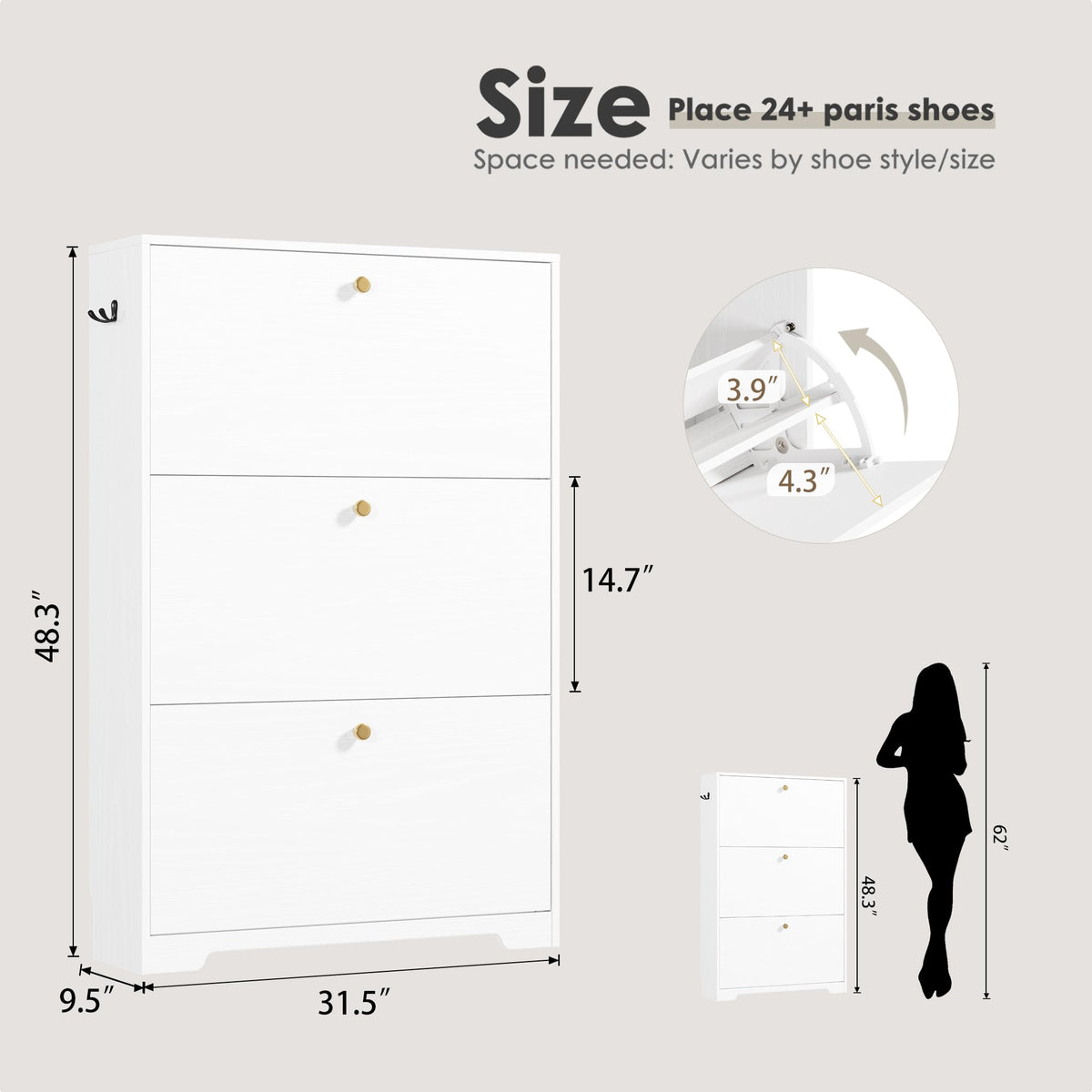 Nicetree Shoe Cabinet with 3 Flip Drawers, Modern Entryway Organizer, White