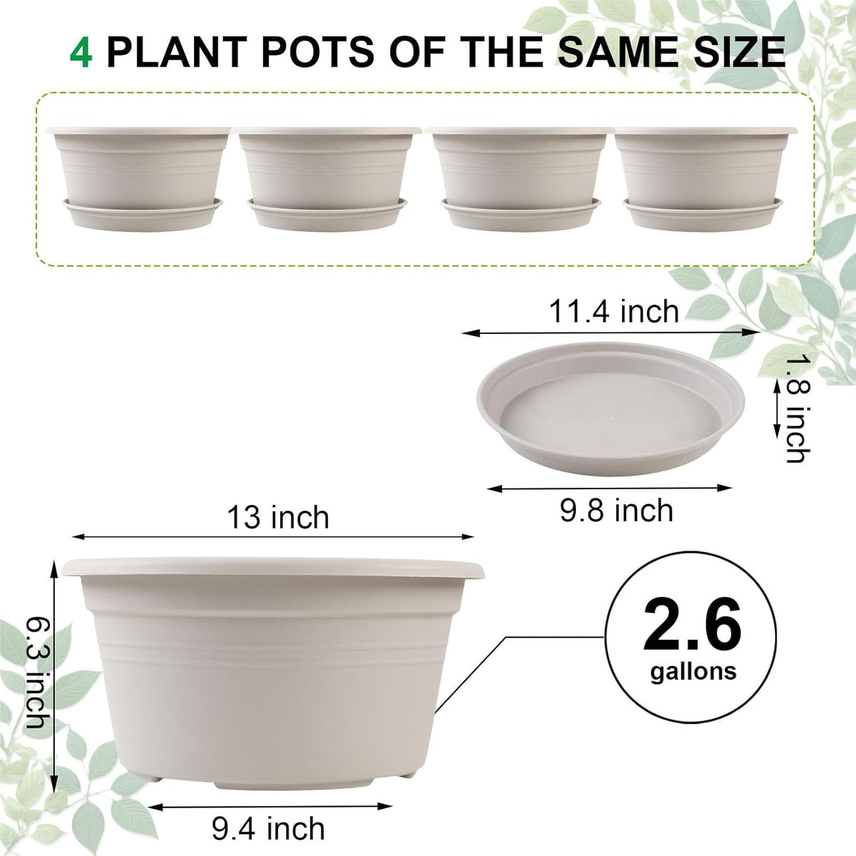 Large 4 Pack 13 inch Plant Pots, Round Plastic Pots for Plants, Outdoor Planters with Drainage Hole