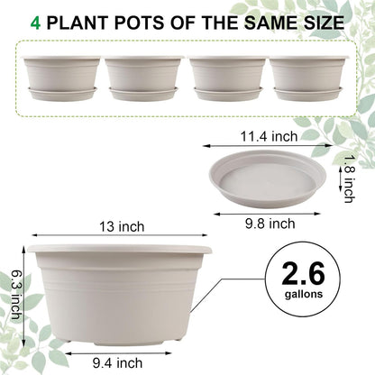 Large 4 Pack 13 inch Plant Pots, Round Plastic Pots for Plants, Outdoor Planters with Drainage Hole