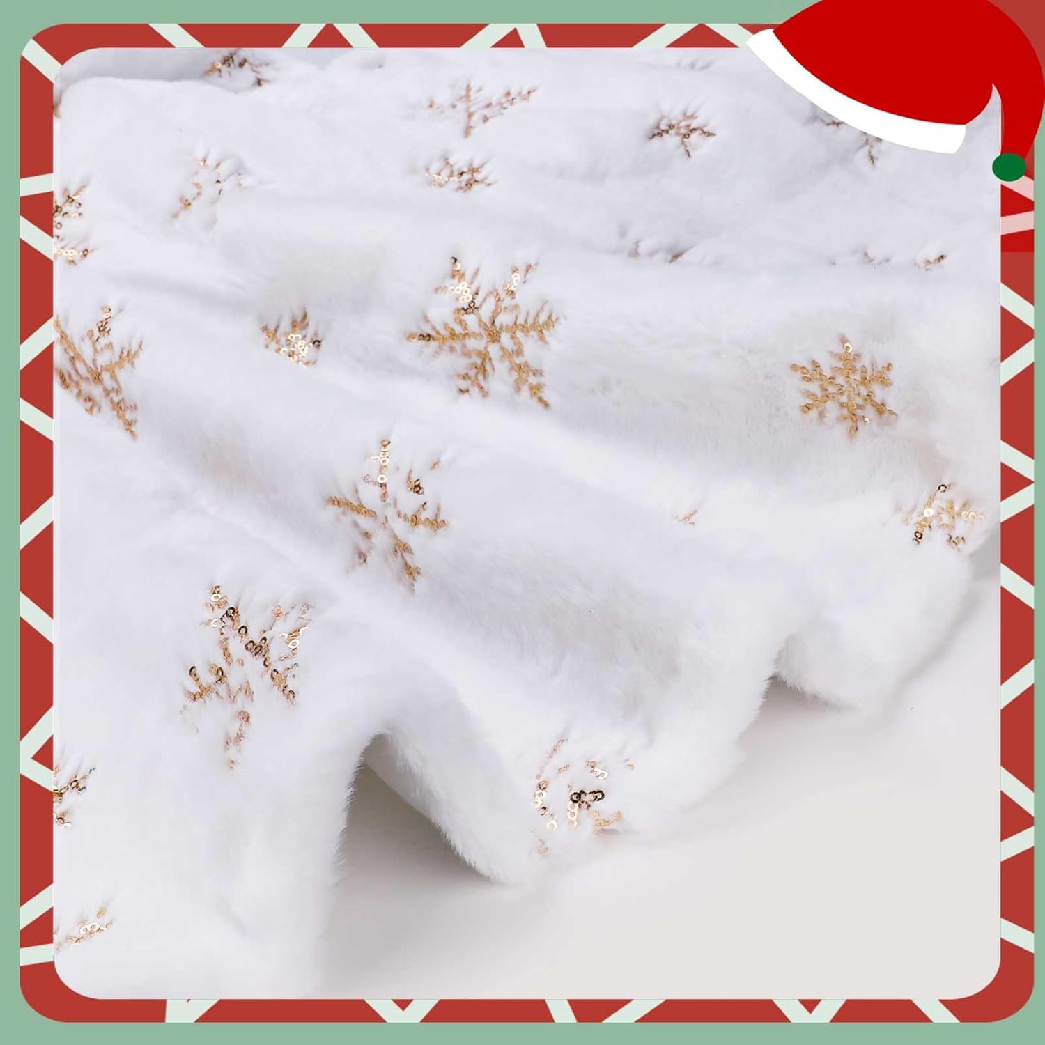 Christmas Tree Skirt, 48 Inch White Luxury Faux Fur & Gold Sequin Snowflakes, 4ft Xmas Tree Skirt