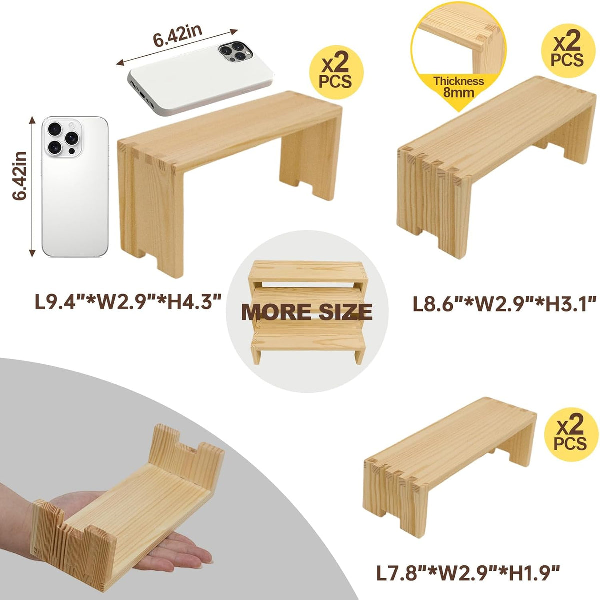 Display Wood Risers Wooden Stand 3 Tier Wood Racks Decorative Rectangular, 2 Set 6 Piece Cupcake