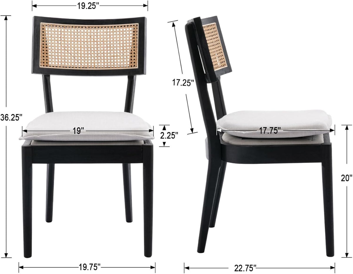 Rattan Dining Chairs Set Of 2 , Mid Century Modern Black Wooden Cane Back Chairs with Removable