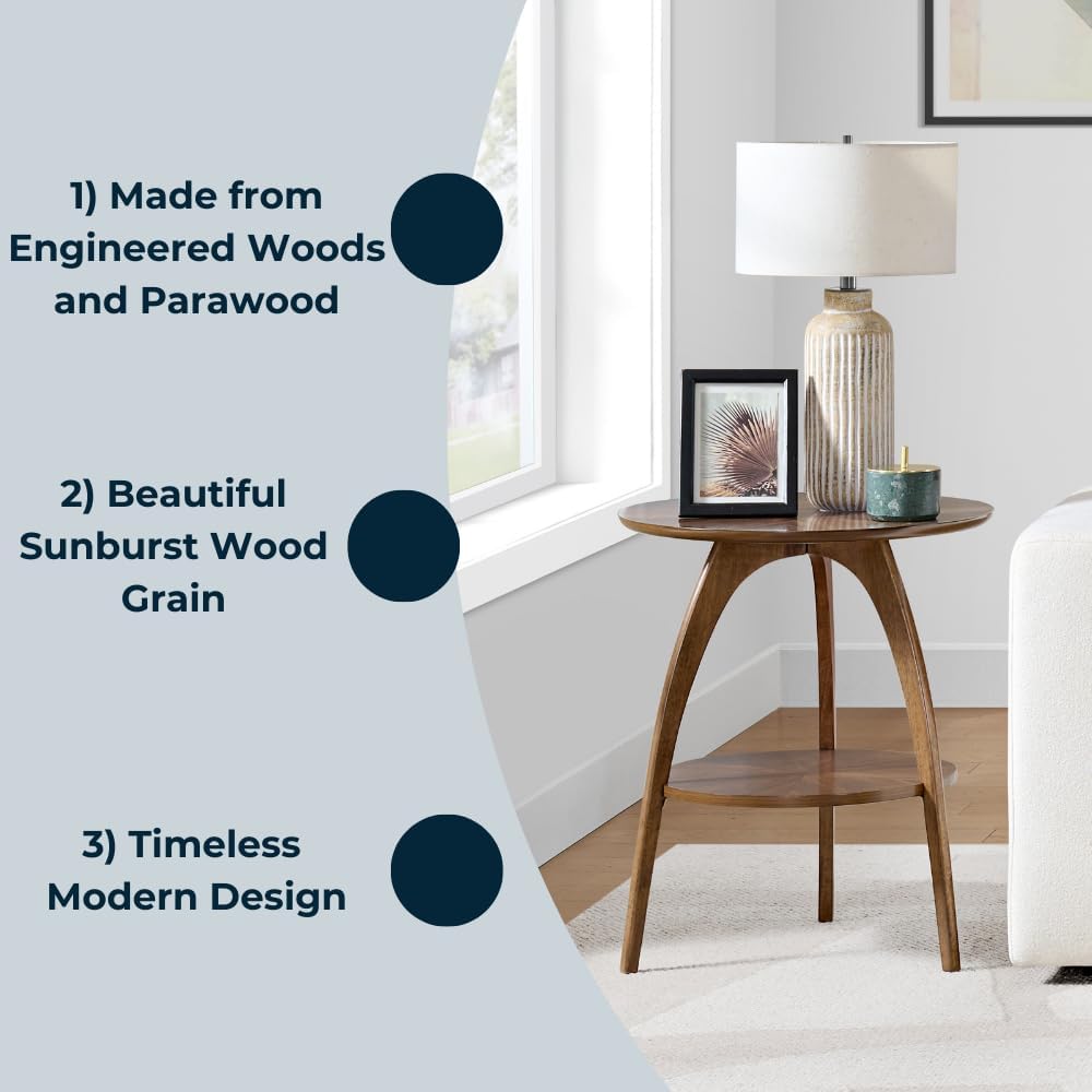 Martin Svensson Home Round Wood Walnut Brown 20" Living Room End Side Accent Table Nightstand with