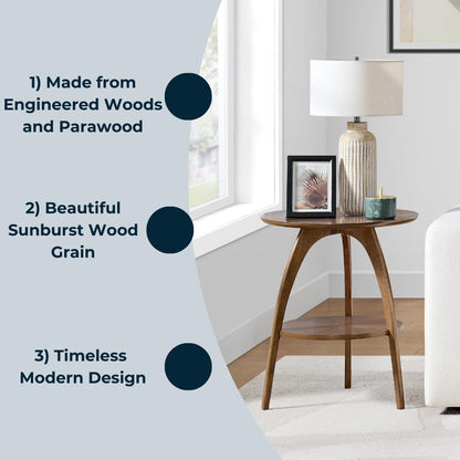 Martin Svensson Home Round Wood Walnut Brown 20" Living Room End Side Accent Table Nightstand with
