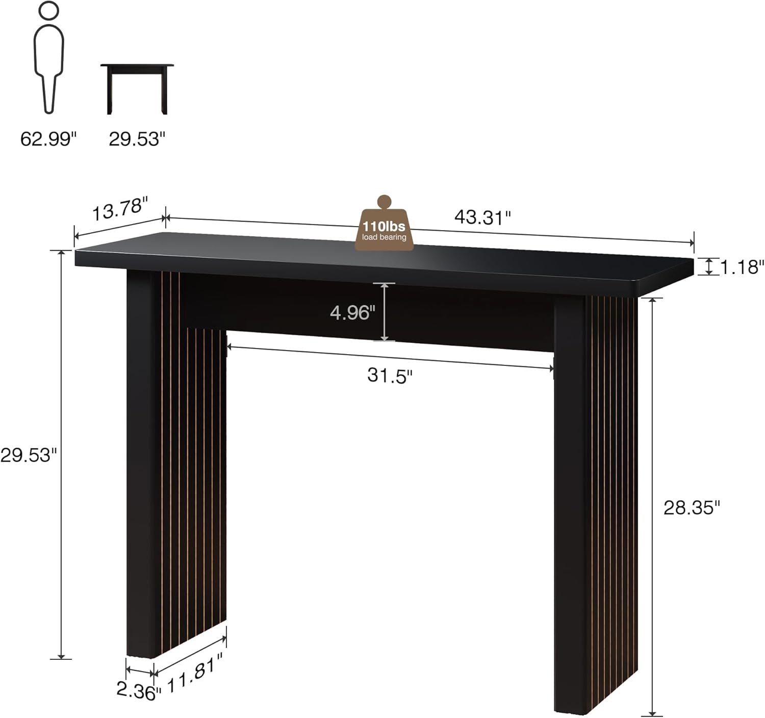 AVZEAR Mid Century Narrow Entryway Console Table, 43.3" Fluted Wood Couch Table Behind Sofa Long