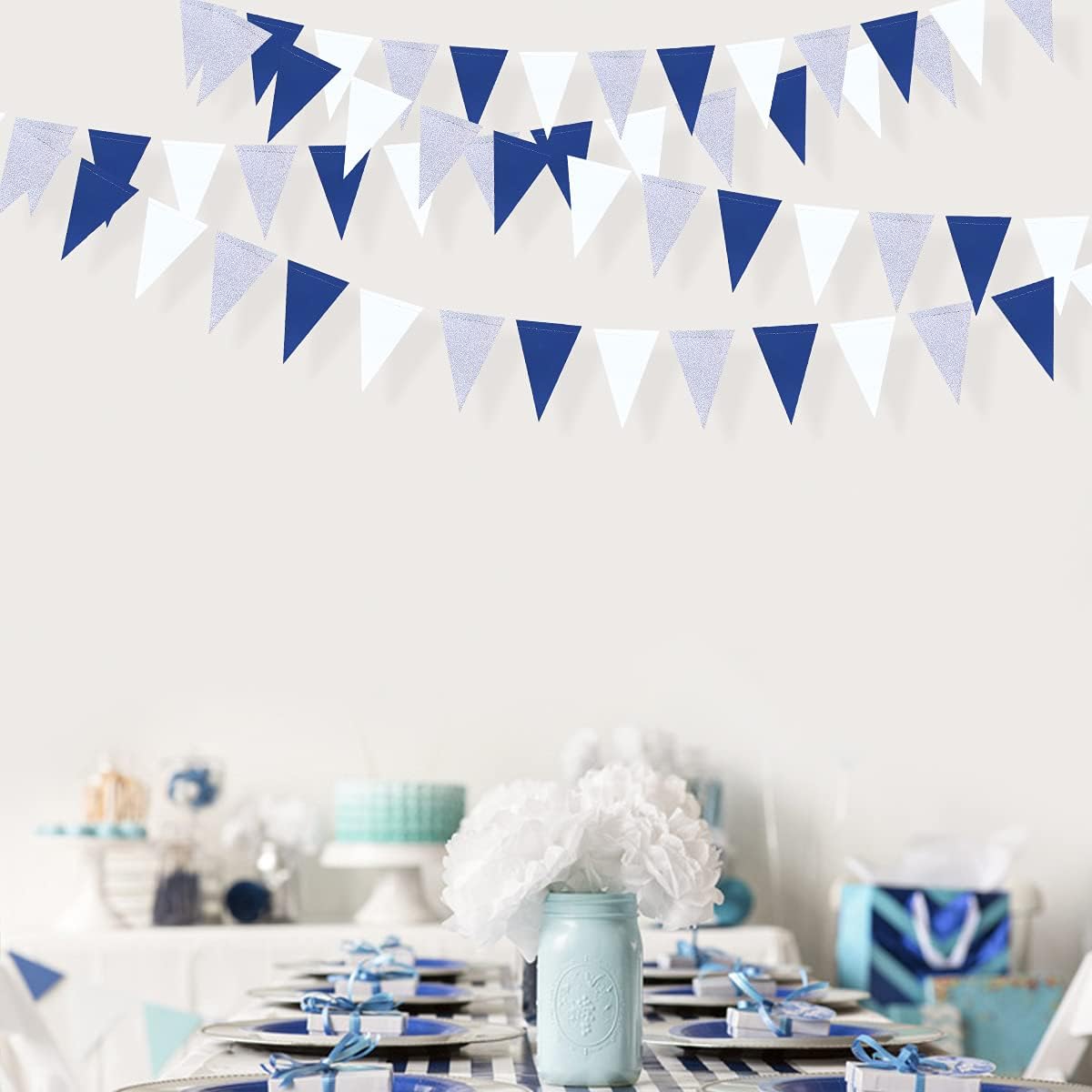 30 Ft Navy Blue White and Silver Party Decorations Royal Blue Triangle Flag Pennant Banner Bunting