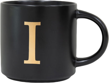 COLLECTIVE HOME - Monogram Ceramic Mugs, 15 oz Golden Initial Black Coffee Cups, Elegant Alphabet