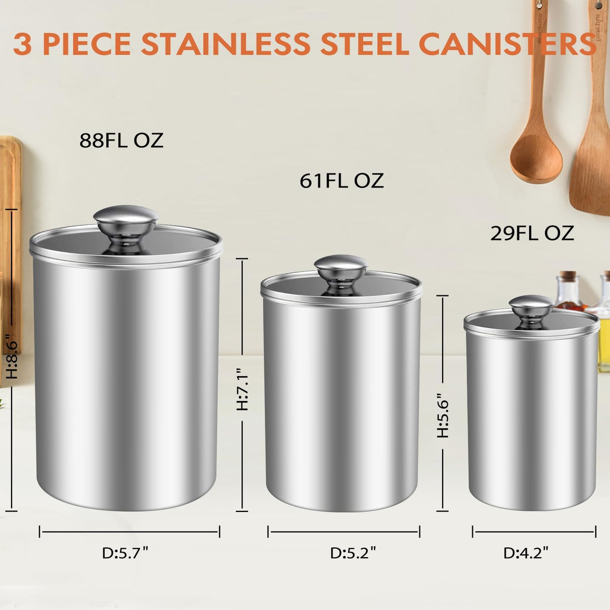 ENLOY Stainless Steel Food Storage Container Set of 3, 88/61/29 oz with Clear Glass Lids - Ideal
