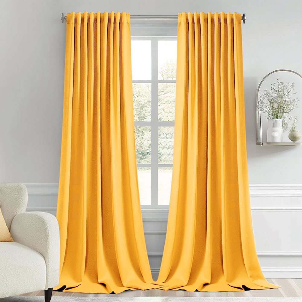 MIULEE Yellow Back Tab Blackout Curtain 96 Inch Long 2 Panels Set for Bedroom, Rod Pocket/Pinch