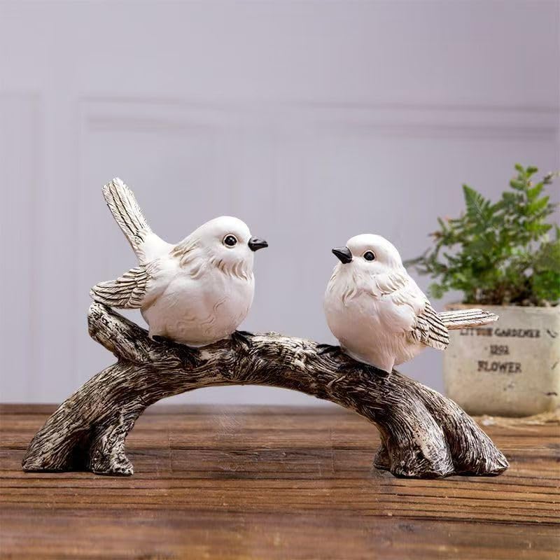 Resin Love Birds on Branch - 9.8 Inch Couple Bird Statue, Romantic Home Decor Gift for Valentine's
