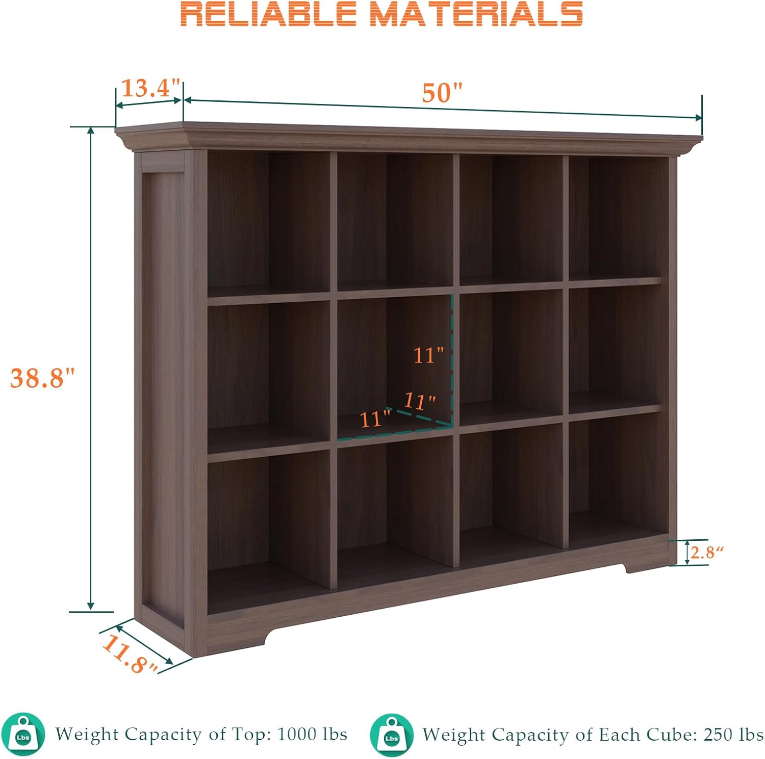Cube Shelf Bookcase with Base - Wooden 3 Tiers Floor Standing Low Storage Cabinet for Home and