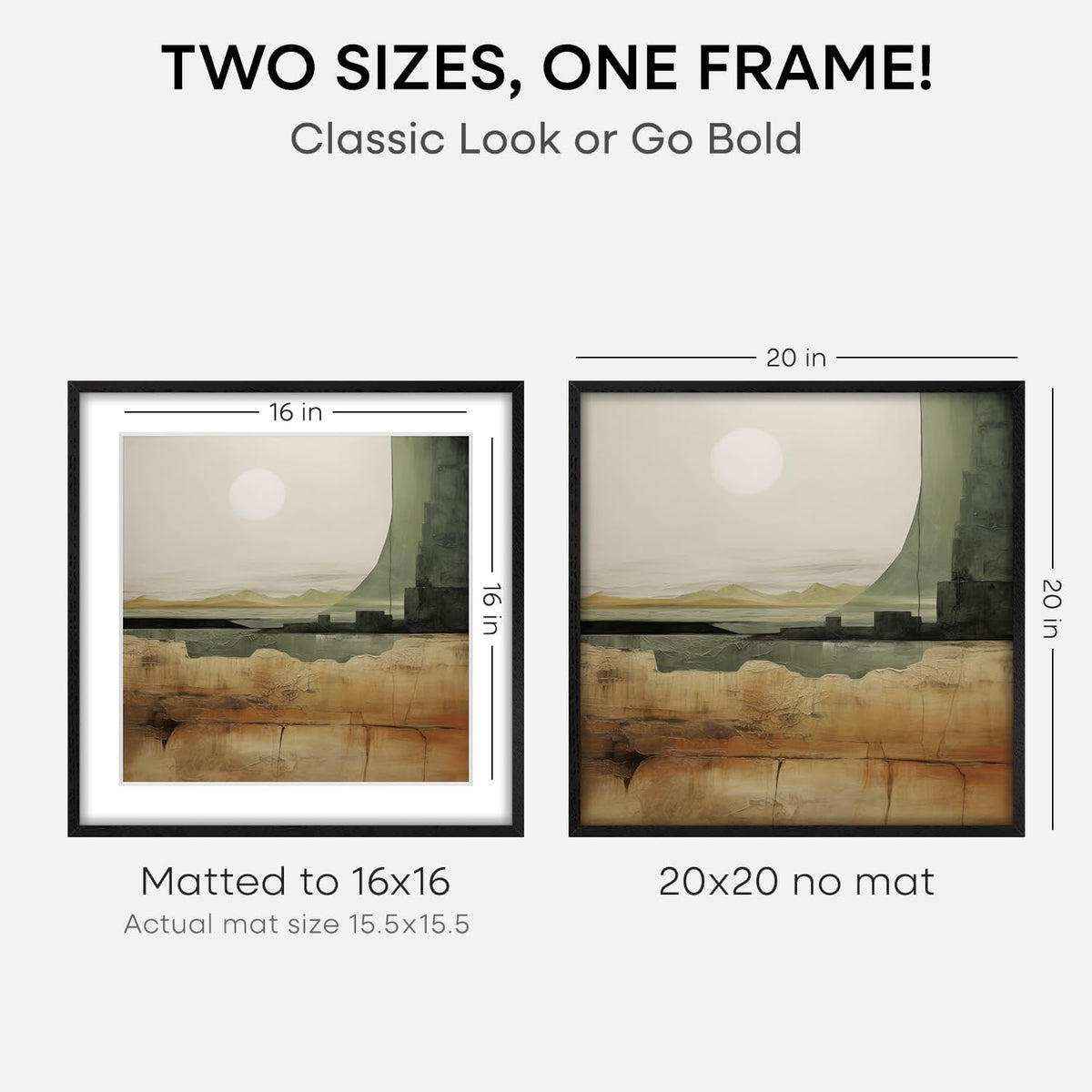 Homeforia 20x20 Black Wood Frame, High End Oak 20 x 20 Square Picture Frames with Mat 16 by 16