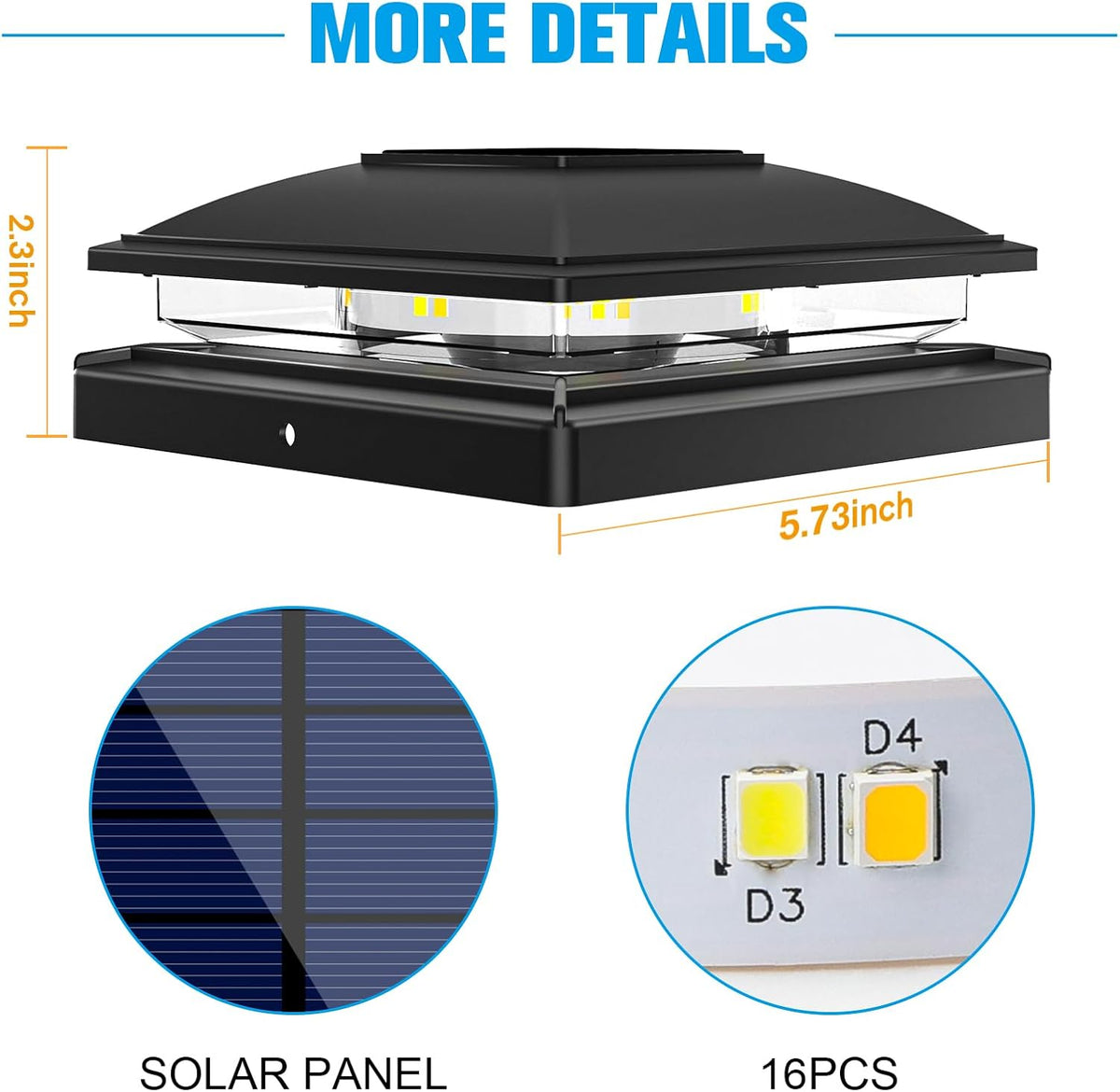 VOLISUN Solar Post Cap Light Outdoor Waterproof 4pack,Solar Fence - Post Lights for 4x4 5x5 6x6