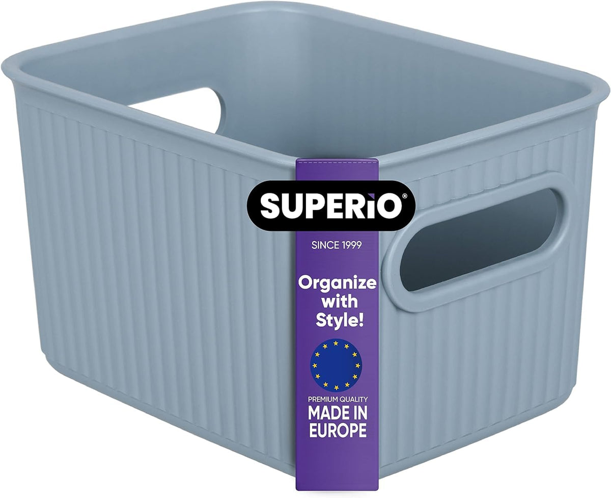 Superio Ribbed Collection - Decorative Plastic Basket Open Home Storage Bins Organizer, Small Blue
