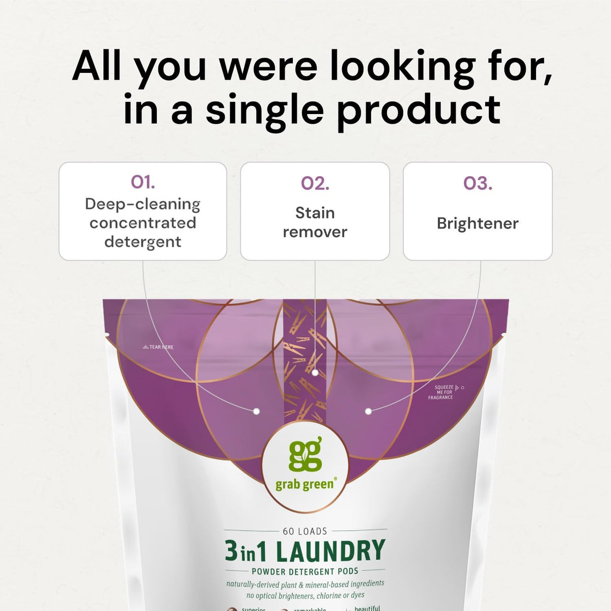 Grab Green 3-in-1 Laundry Detergent Pods, 132 Count, Vetiver Scent, Plant and Mineral Based