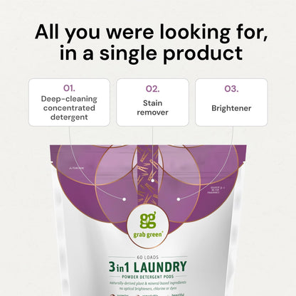 Grab Green 3-in-1 Laundry Detergent Pods, 132 Count, Vetiver Scent, Plant and Mineral Based