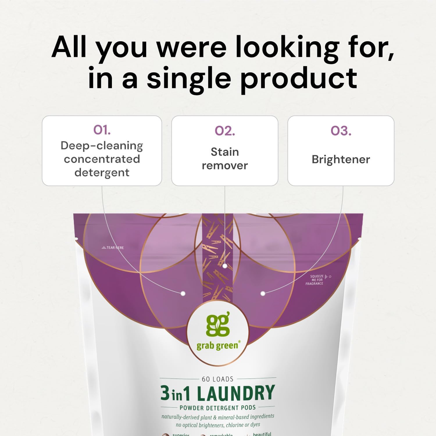 Grab Green 3-in-1 Laundry Detergent Pods, 24 Count, Fragrance Free, Plant and Mineral Based