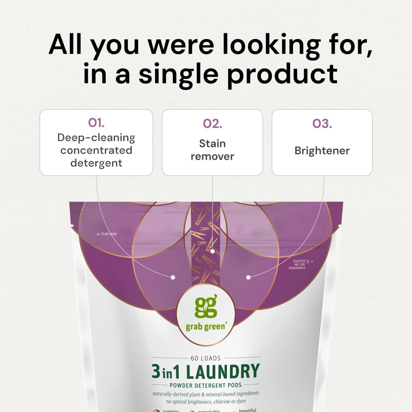 Grab Green 3-in-1 Laundry Detergent Pods, 60 Count, Fragrance Free, Plant and Mineral Based