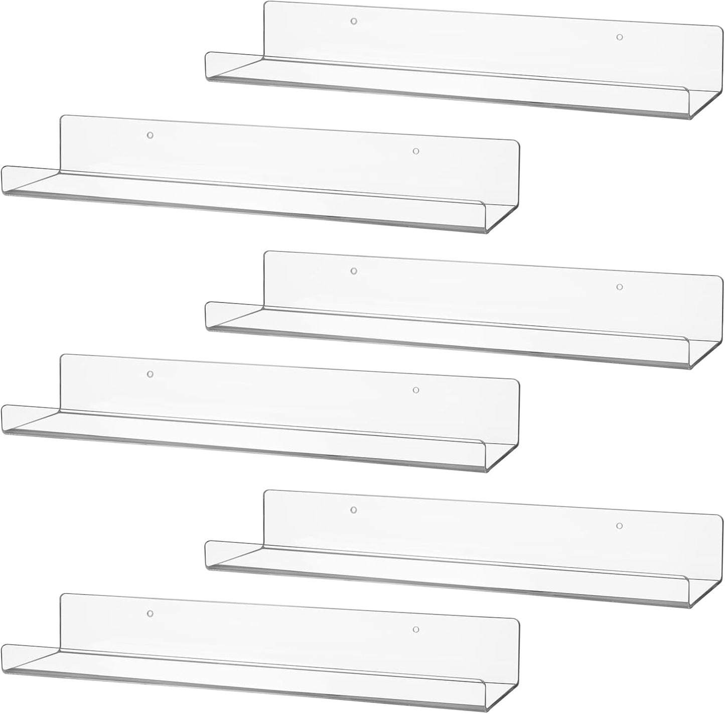 6 Pack Clear Acrylic Floating Shelves for Wall, 15'' Plastic Wall Mounted Display Shelf Kids
