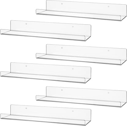 6 Pack Clear Acrylic Floating Shelves for Wall, 15'' Plastic Wall Mounted Display Shelf Kids