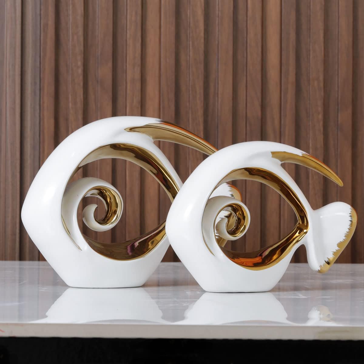 White Gold Ceramic Fish Figurines - Coastal Home Decor, Modern Ocean Centerpieces for Living Room
