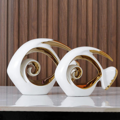 White Gold Ceramic Fish Figurines - Coastal Home Decor, Modern Ocean Centerpieces for Living Room