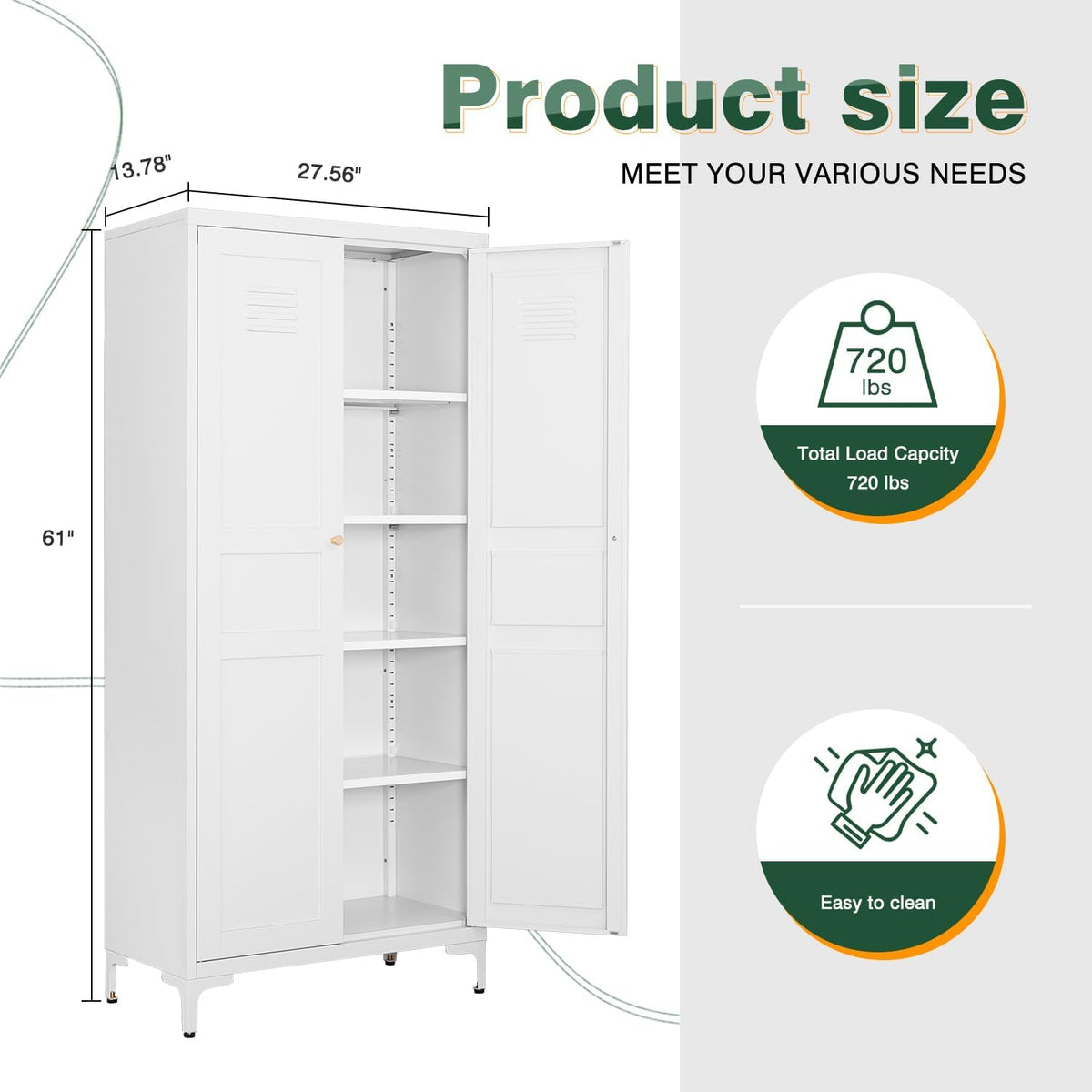 Letaya White Storage Cabinet with Feets-Metal Home Kitchen Pantry Cabinets with Doors and